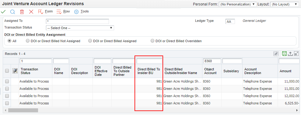 Reassigned
                        Joint Venture Account Ledger Records