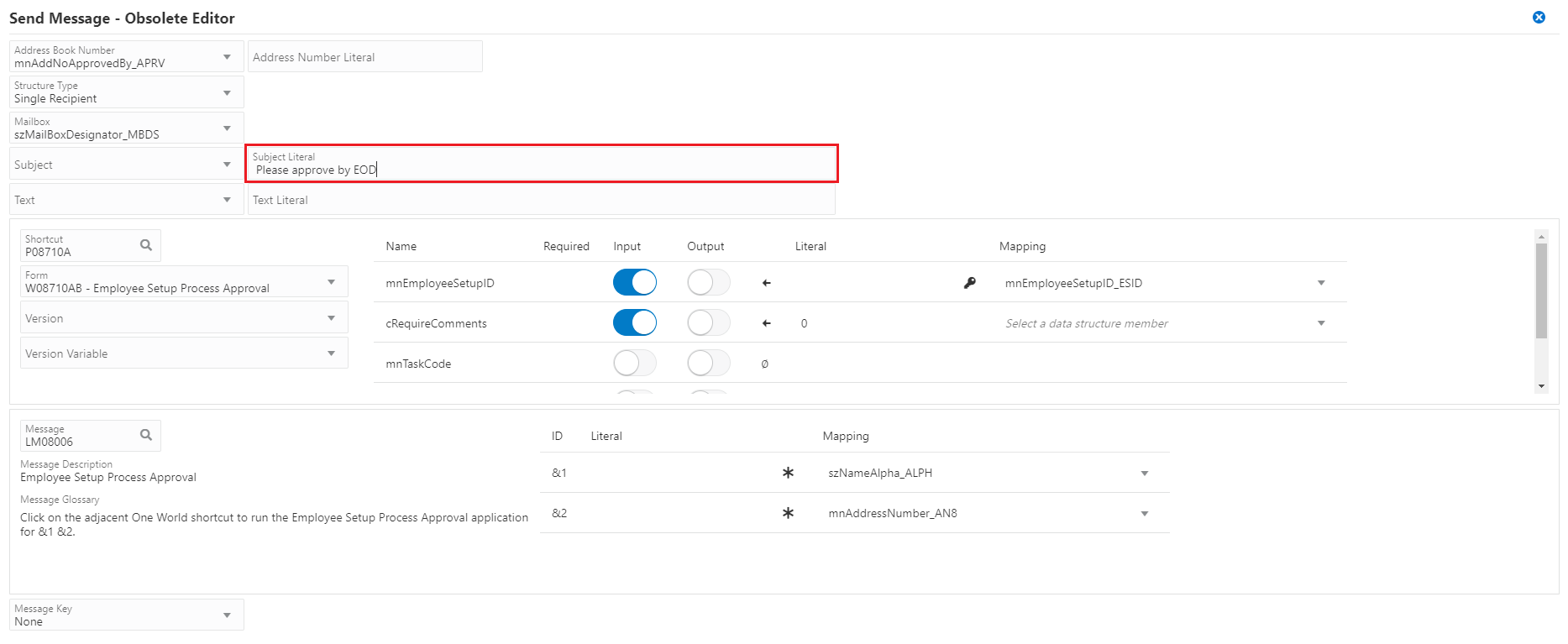 Send Message – Obsolete Editor window