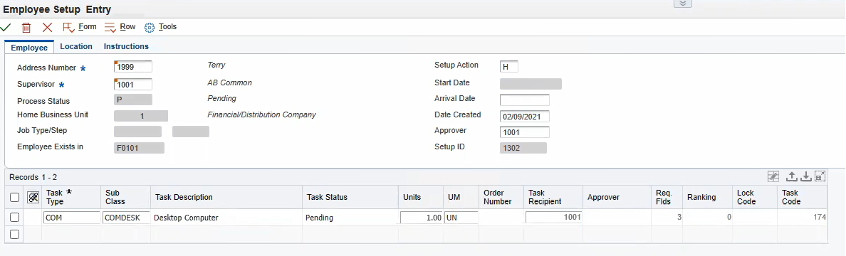 Employee Setup Entry new record