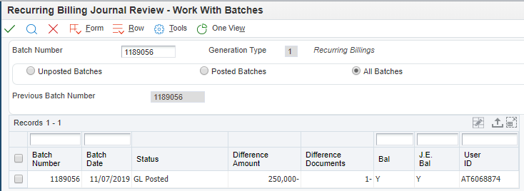 Recurring Billing journal Review - Work with Batches form