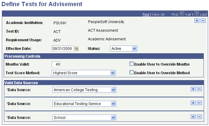 Define Tests for Advisement page Define Tests for Advisement page
