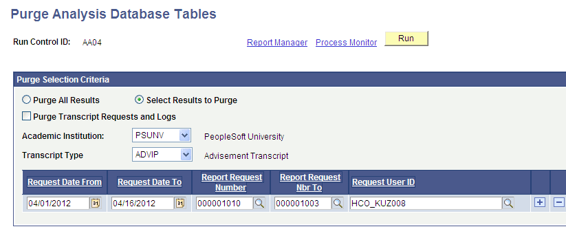 Purge Analysis Database Tables page Purge Analysis Database Tables page