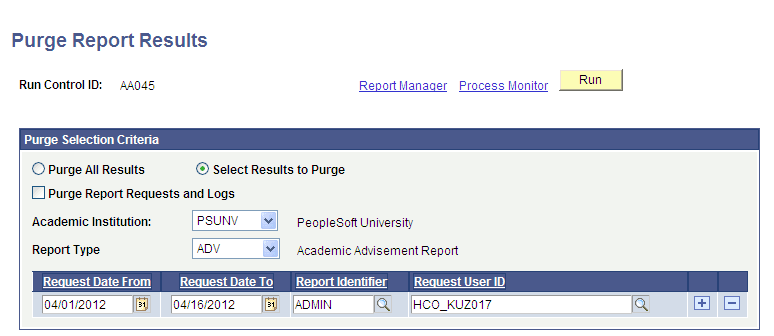 Purge Report Results page Purge Report Results page