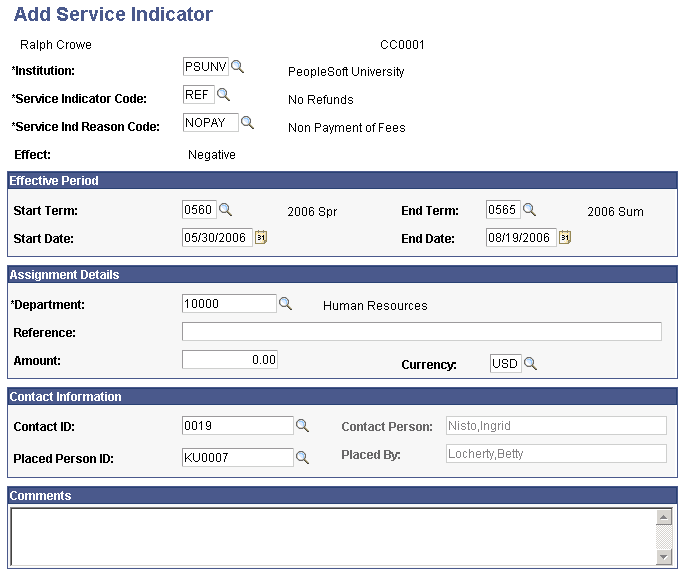 Add Service Indicator page (1 of 2)