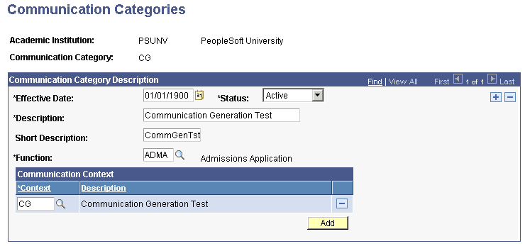 Communication Categories page Communication Categories page