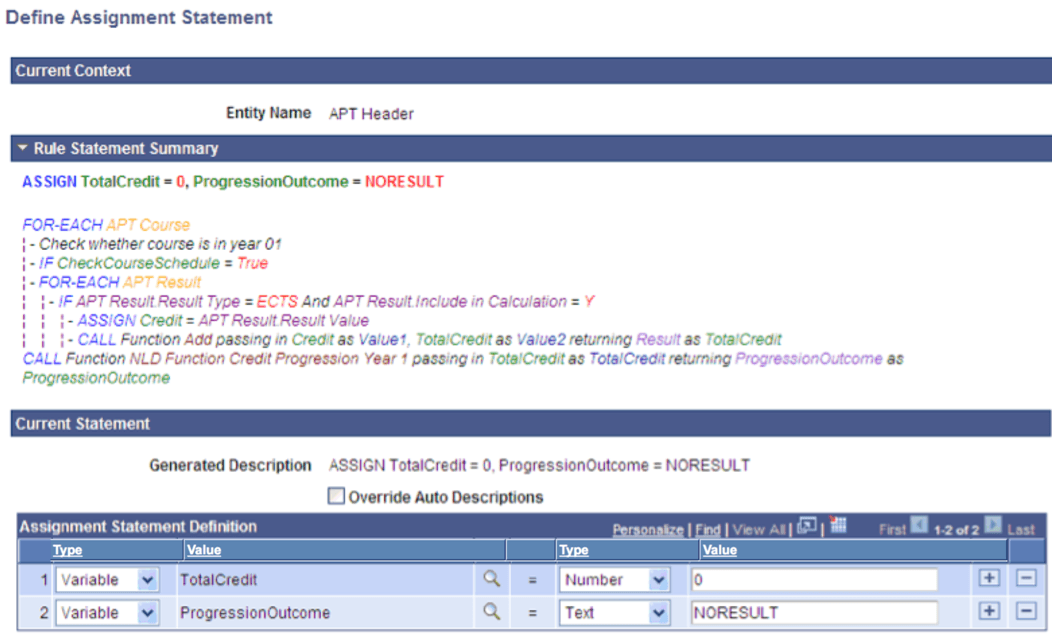 Define Assignment Statement page Define Assignment Statement page
