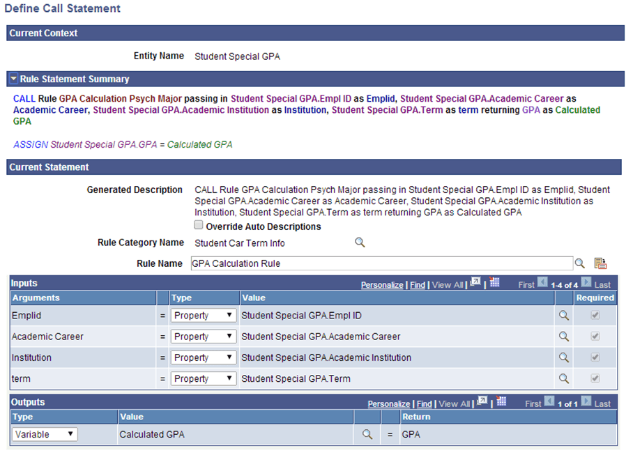 Define Call Statement page for Creating Method A Trigger for Rules Engine User Interface Integration Example Define Call Statement page for Creating Method A Trigger for Rules Engine User Interface Integration Example