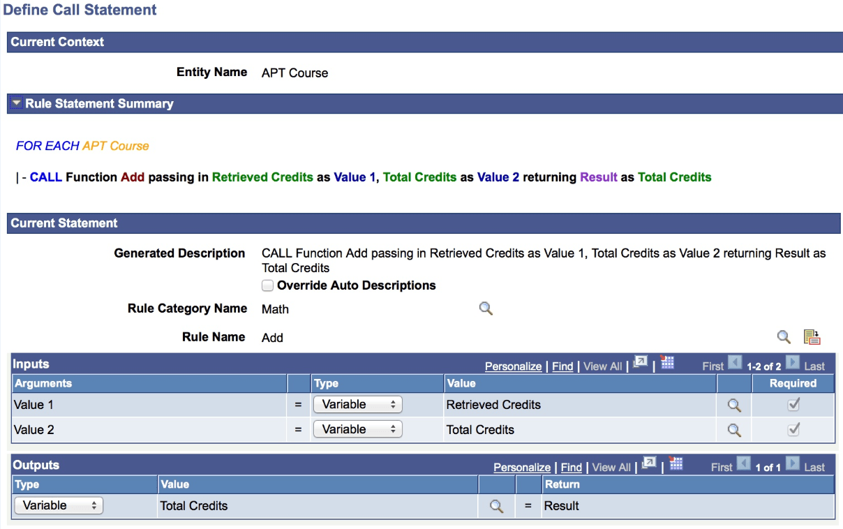 Define Call Statement page Define Call Statement page
