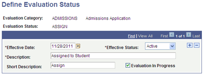 Define Evaluation Status page Define Evaluation Status page