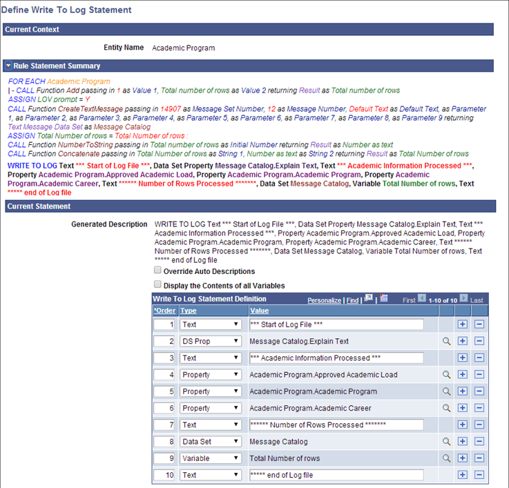 Define Write to Log Statement page Define Write to Log Statement page