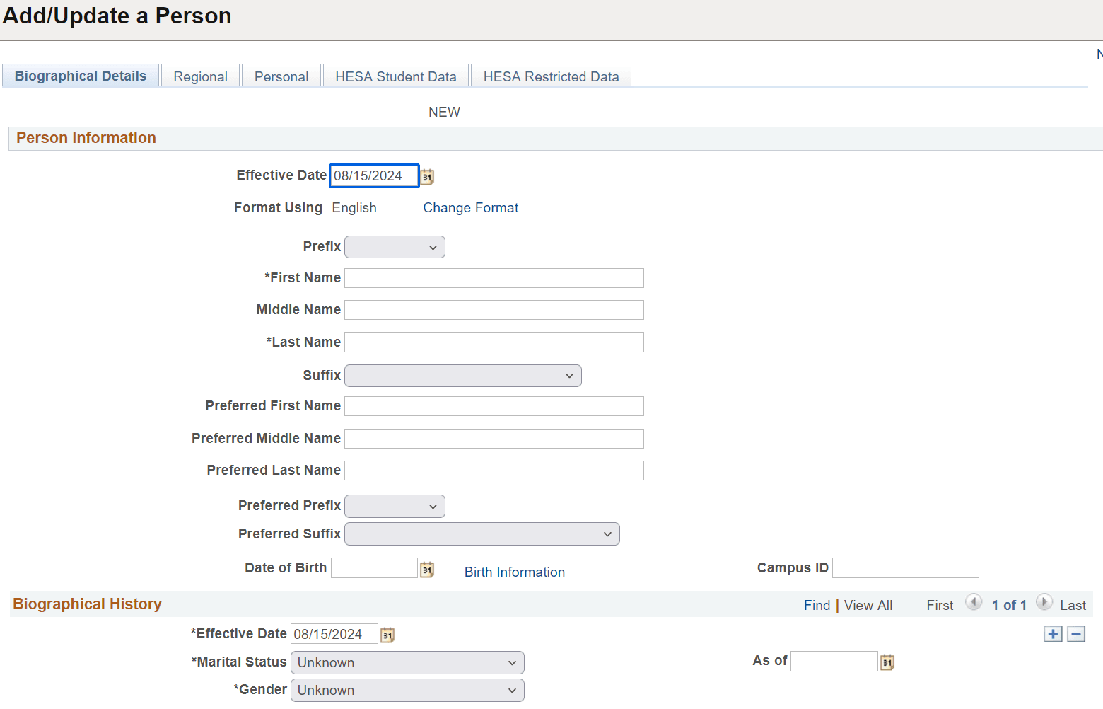 Example of the top of the Biographical Details page where the system displays the ID of "NEW" when you add a person