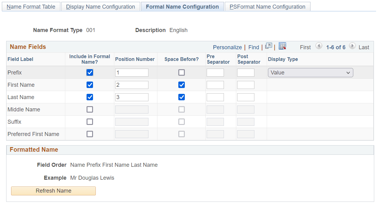 Formal Name Configuration page Formal Name Configuration page