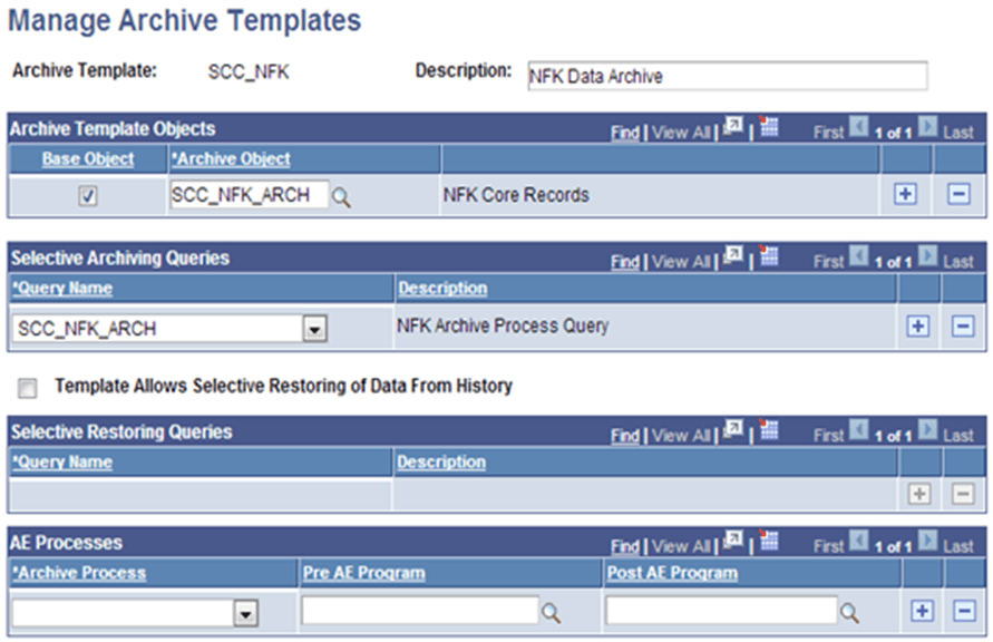Manage Archive Templates page for NFK Objects