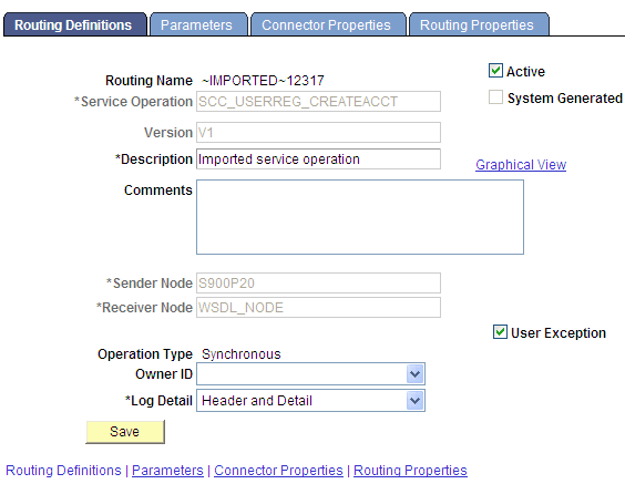 Routing Definitions page Routing Definitions page