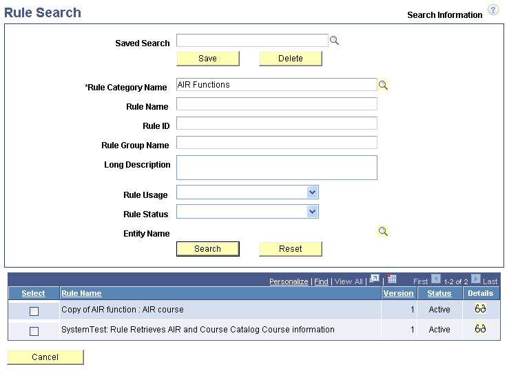 Rule Search Options page Rule Search Options page