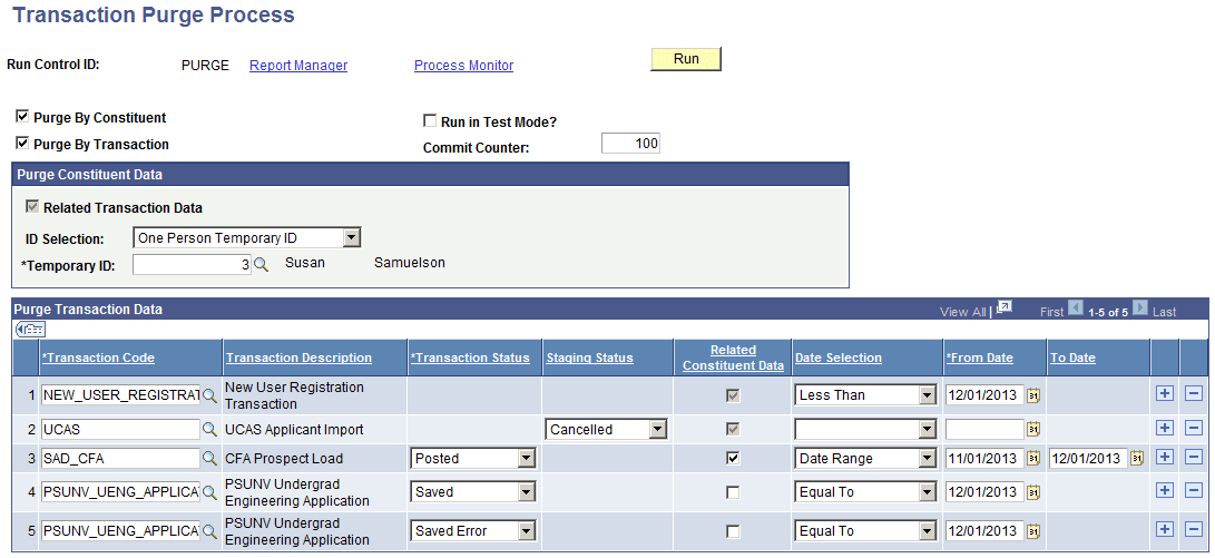 Transaction Purge Process page Transaction Purge Process page