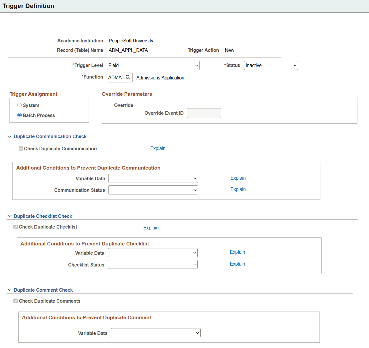 Trigger Definition page (1 of 2)