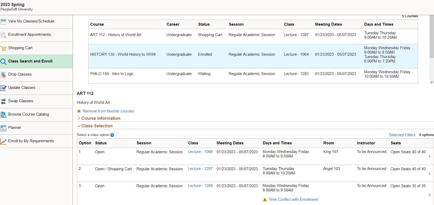 Class Search and Enroll - Time Conflict Example page Class Search and Enroll - Time Conflict Example page