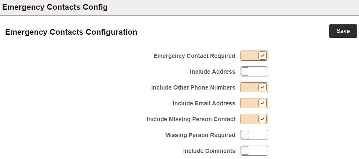 Emergency Contacts Configuration page Emergency Contacts Configuration page