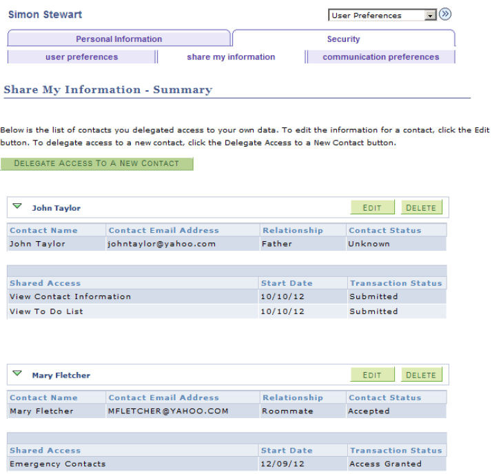 Share My Information - Summary Page Share My Information - Summary Page