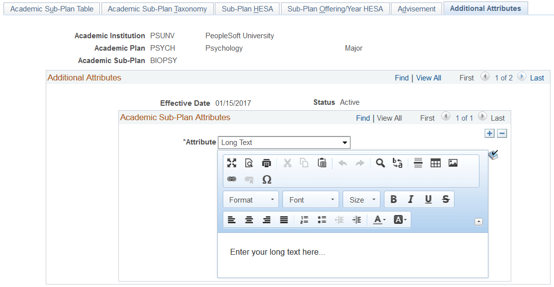 Additional Attributes (Academic Sub-Plan) page Additional Attributes (Academic Sub-Plan) page