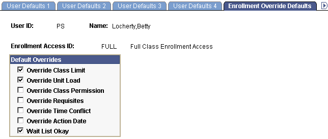 Enrollment Override Defaults page Enrollment Override Defaults page