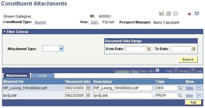 Constituent Attachments page, Attachments tab Constituent Attachments page, Attachments tab