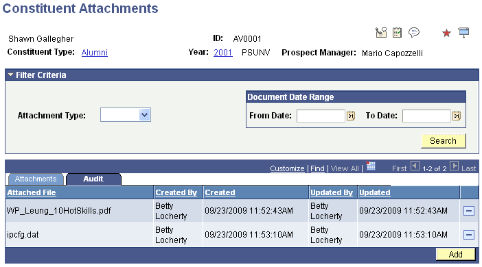 Constituent Attachments page, Audit tab Constituent Attachments page, Audit tab