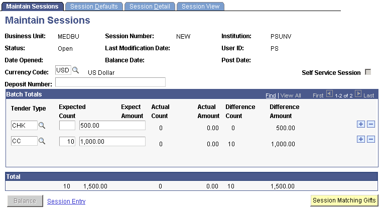 Maintain Sessions page Maintain Sessions page