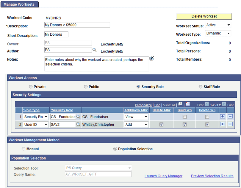 Manage Worksets page Manage Worksets page