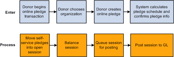 Overview of the life cycle of online pledging, including details for enter and process steps Overview of the life cycle of online pledging, including details for enter and process steps