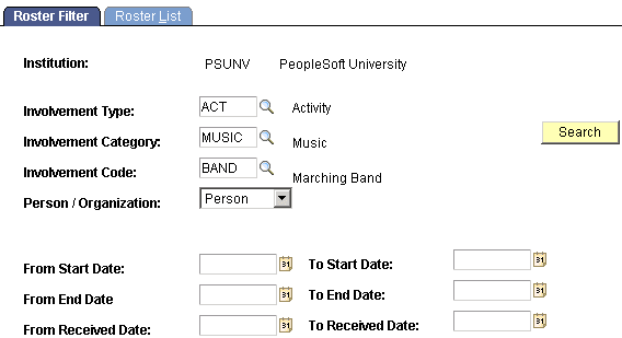 Roster Filter page