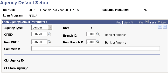 Agency Default Setup page Agency Default Setup page