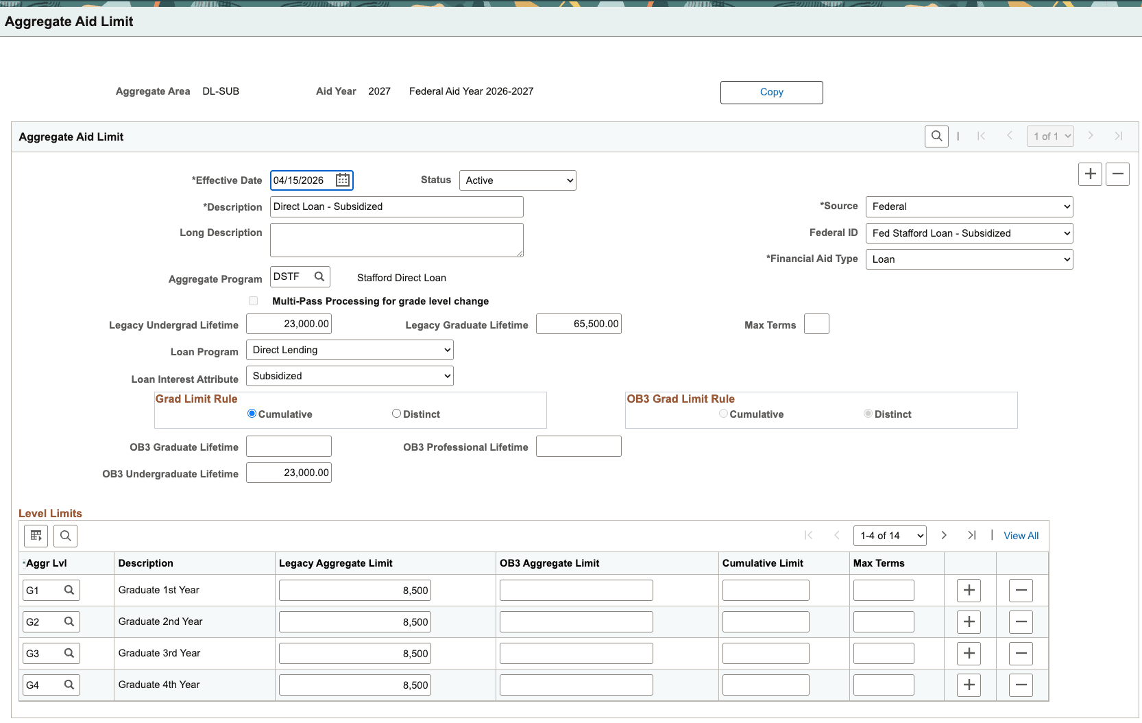 Aggregate Aid Limit page