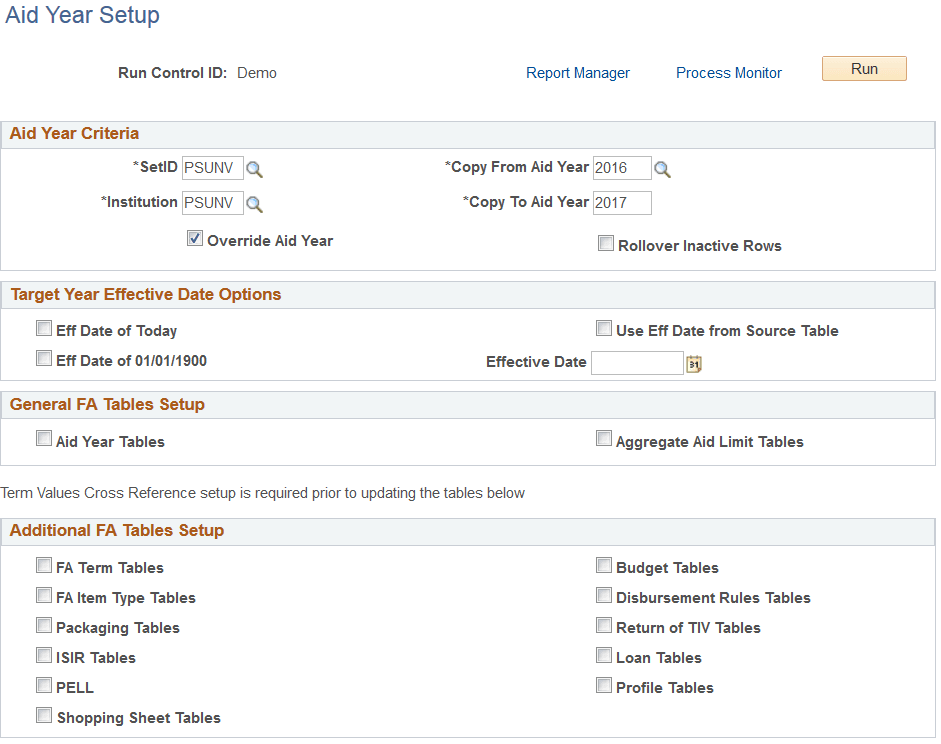 Aid Year Setup page