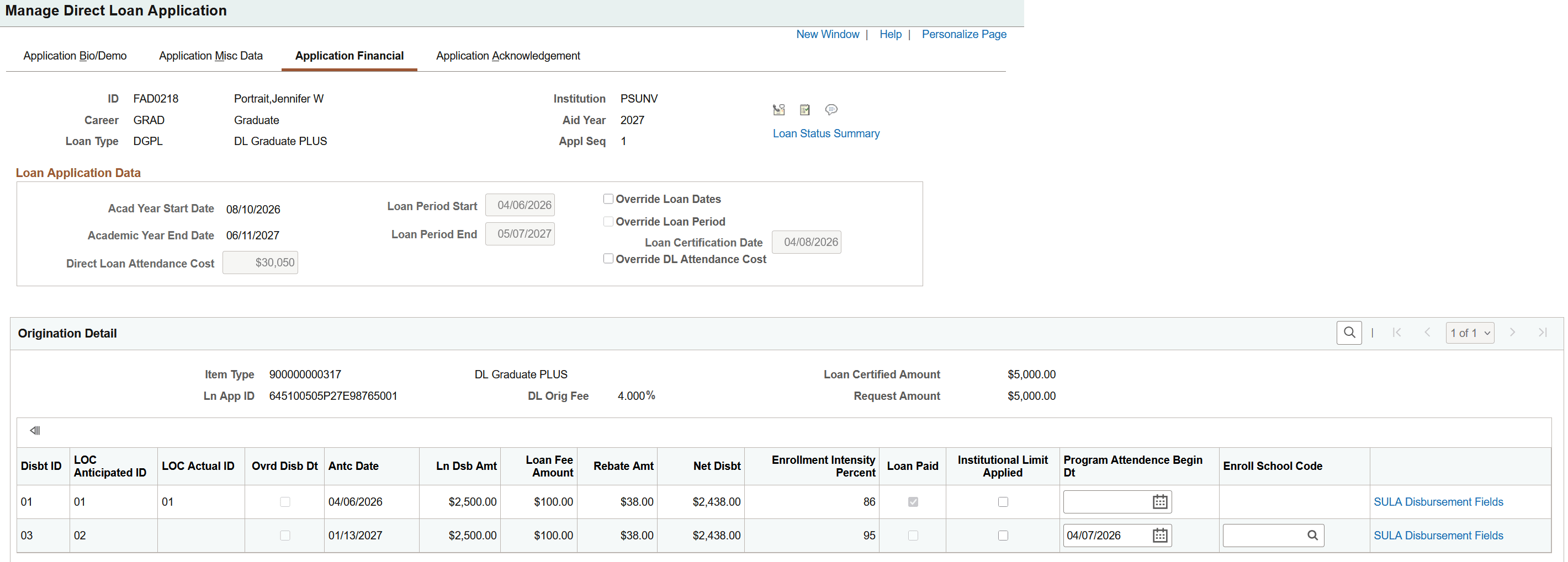 Application Financial page: Disbursement tab