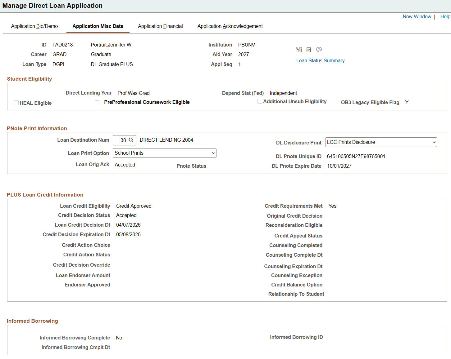 Application Misc (Miscellaneous) Data page