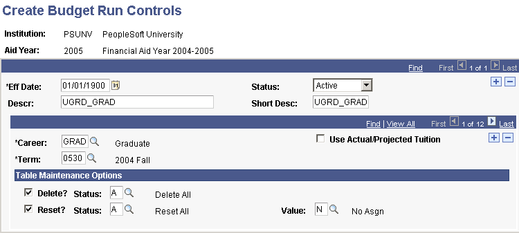 Create Budget Run Controls page Create Budget Run Controls page