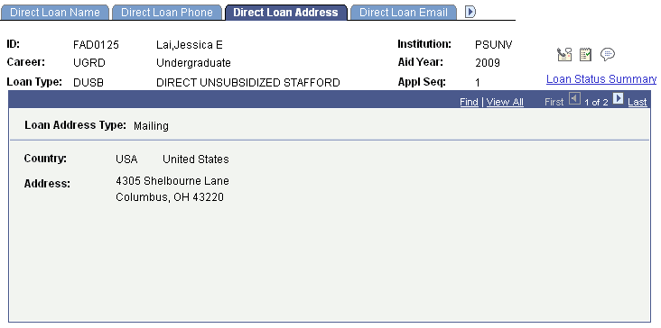 Direct Loan Address page Direct Loan Address page
