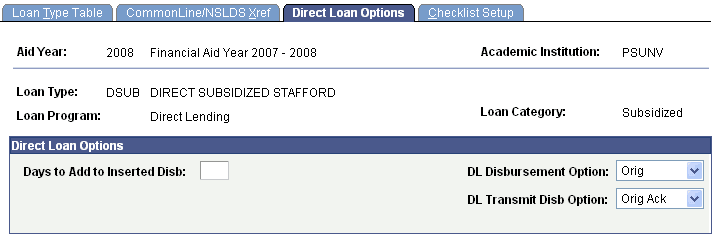 Direct Loan Options page Direct Loan Options page