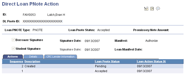 Direct Loan PNote (Promissory Note) Action page