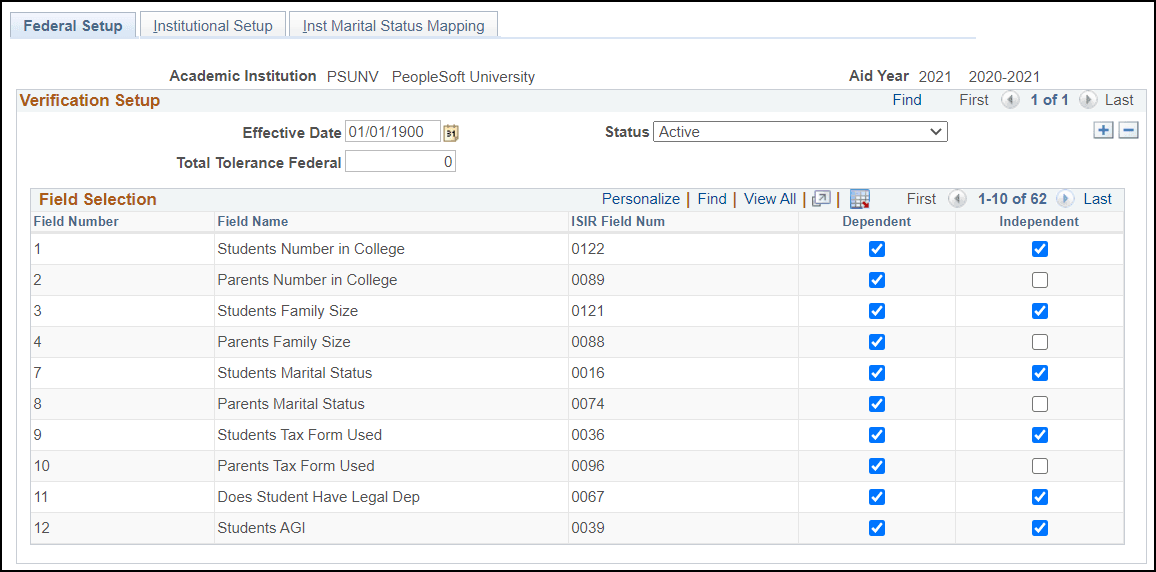 Federal Setup page