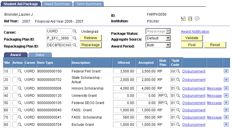Final results, Student Aid Package page Final results, Student Aid Package page