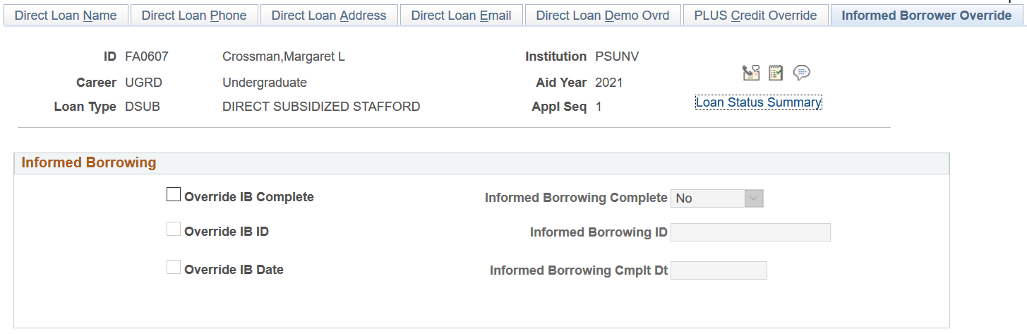 Informed Borrower Override page Informed Borrower Override page
