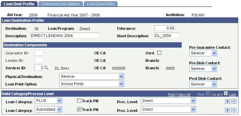 Loan Dest Profile (loan destination profile) page Loan Dest Profile (loan destination profile) page