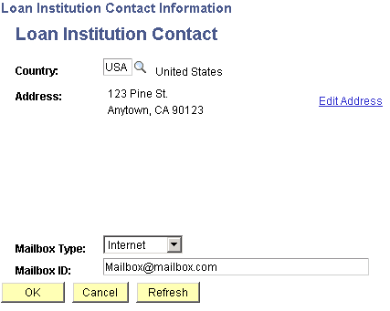 Loan Institution Contact Information page Loan Institution Contact Information page
