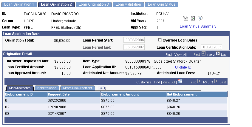 Loan Origination 2 page: Disbursements tab Loan Origination 2 page: Disbursements tab