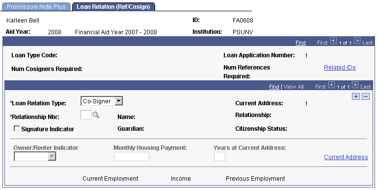 Loan Relation (Reference/Cosigner) page Loan Relation (Reference/Cosigner) page