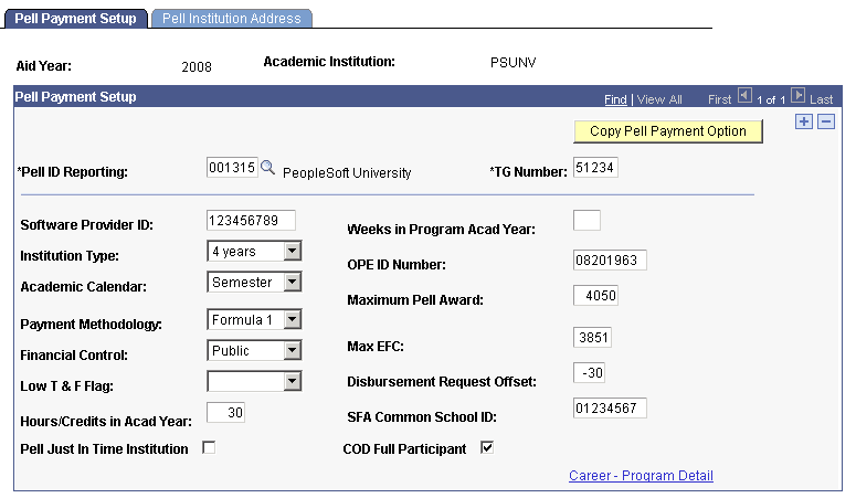 Pell Payment Setup page Pell Payment Setup page
