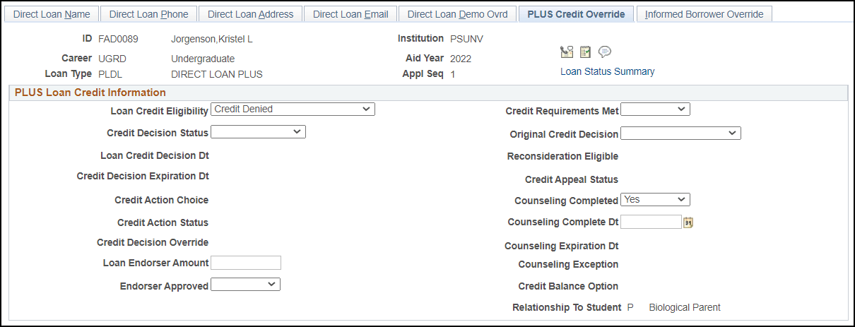 PLUS Credit Override page PLUS Credit Override page